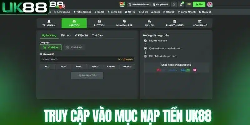 Truy cập vào mục nạp tiền UK88